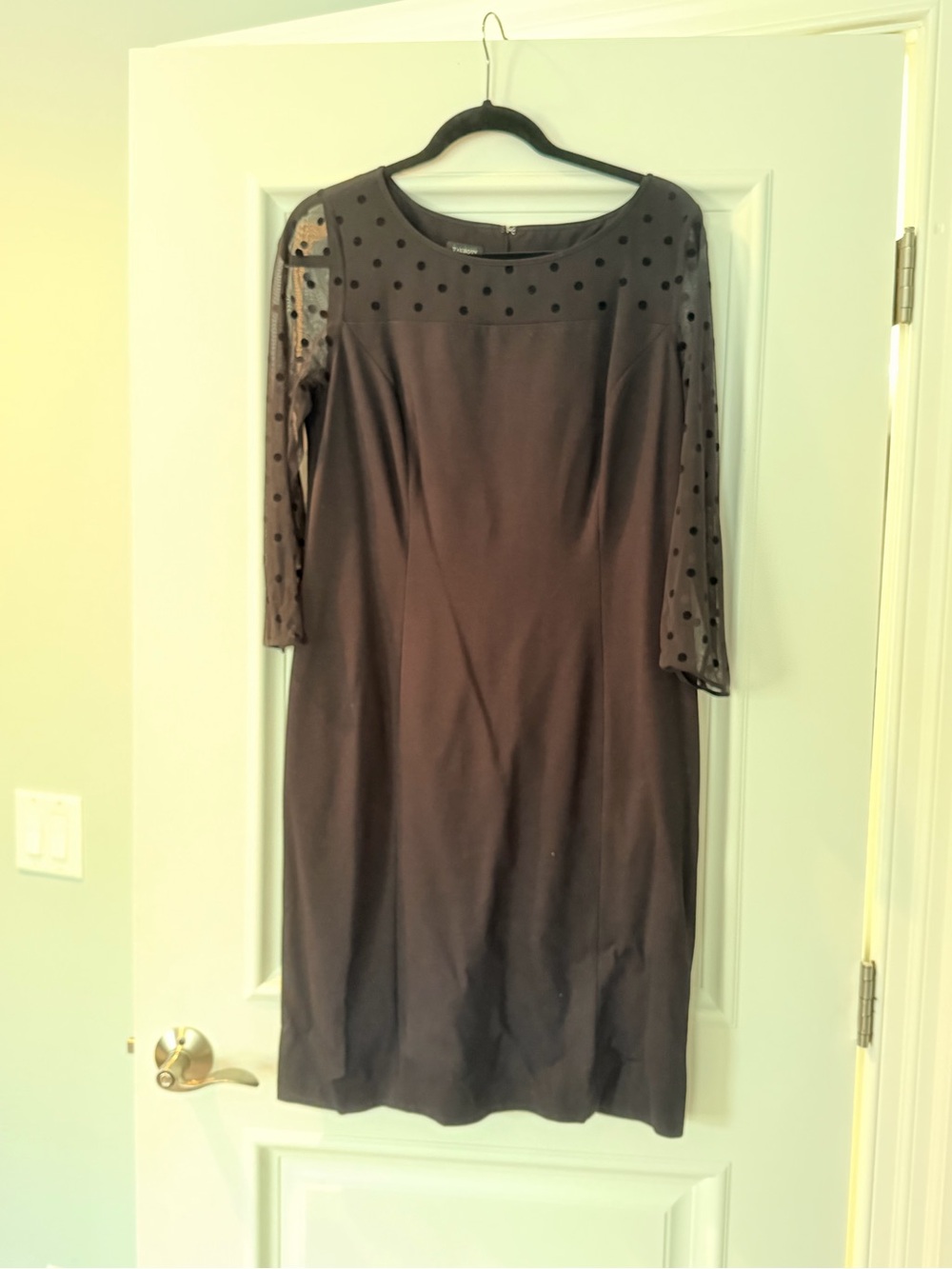 Talbots Women’s Black Stretch Dress, Sheer Sleeves With Polka Dots, Size 10
